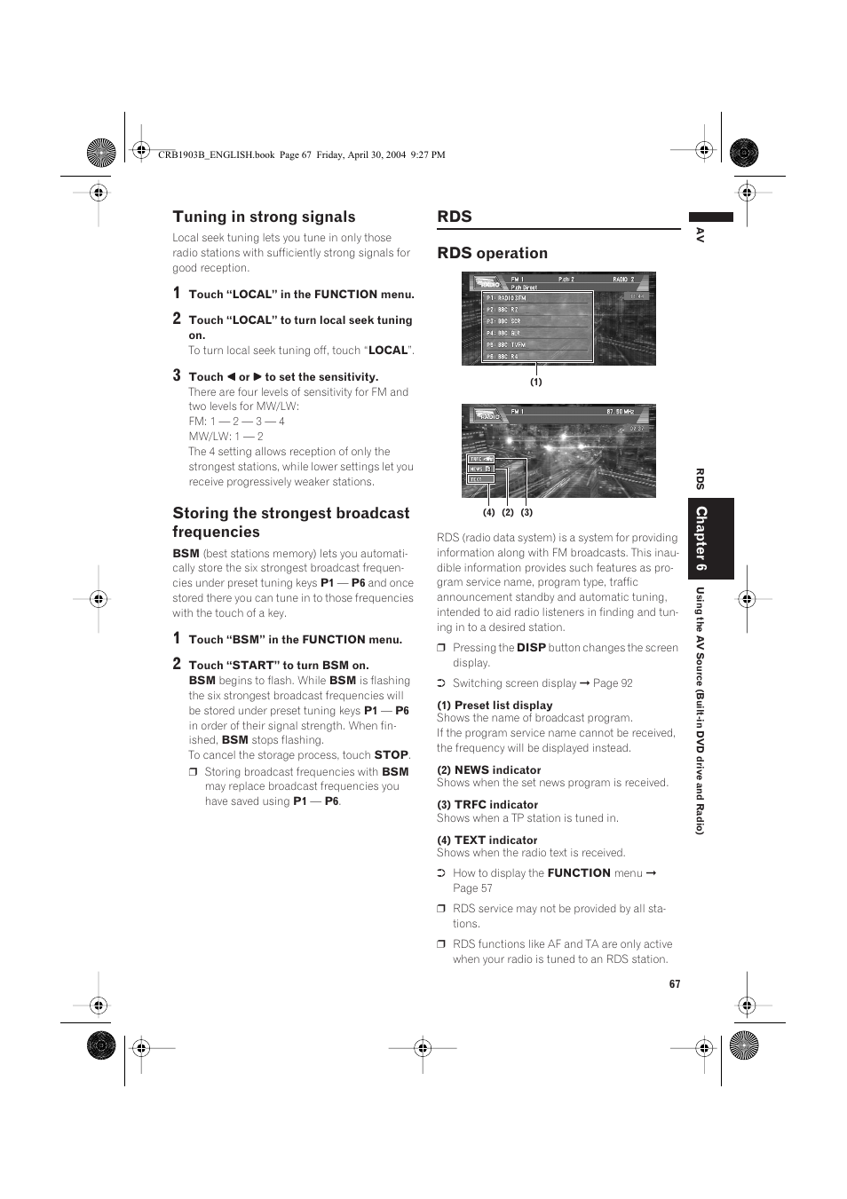 Tuning in strong signals, Storing the strongest broadcast frequencies, Rds rds operation | Pioneer AVIC-X1 User Manual | Page 69 / 124