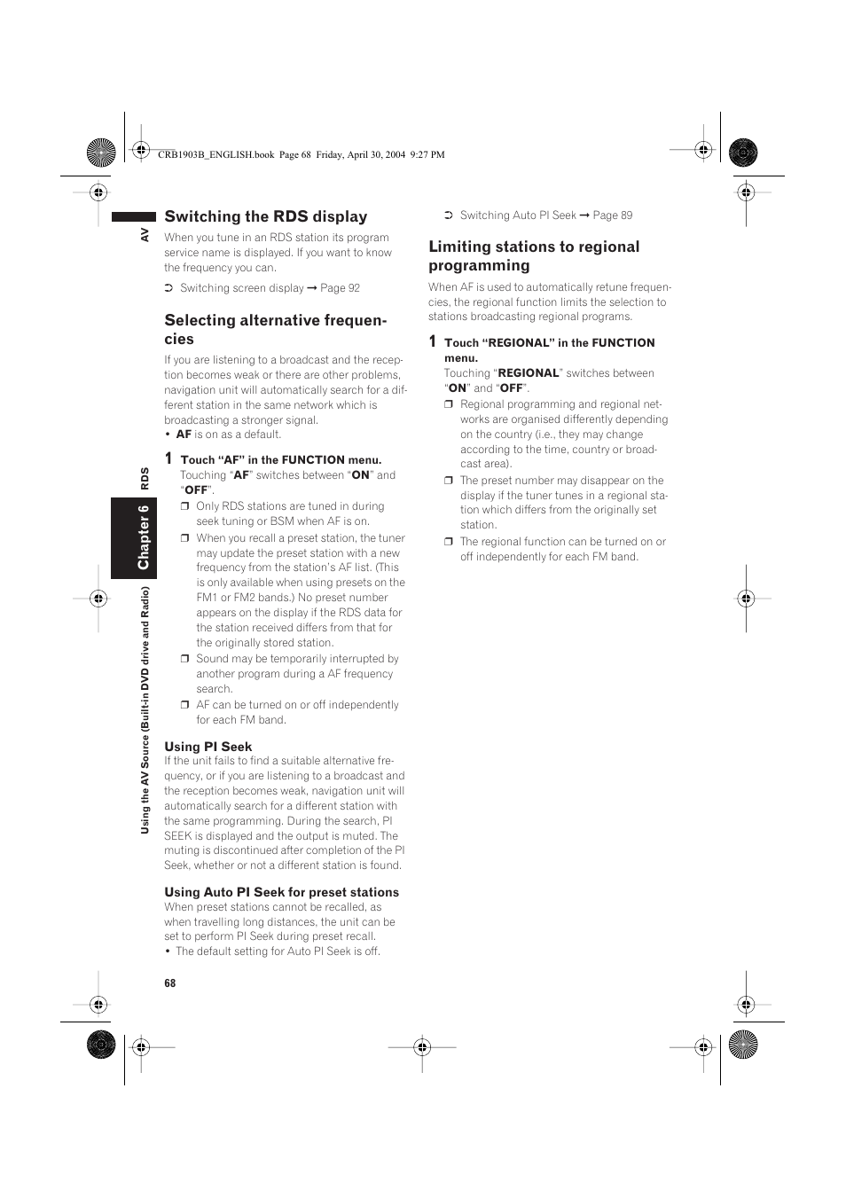 Switching the rds display, Selecting alternative frequen- cies, Limiting stations to regional programming | Pioneer AVIC-X1 User Manual | Page 70 / 124