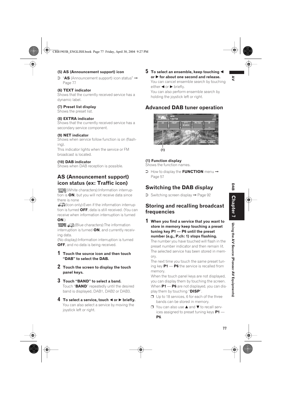 Advanced dab tuner operation, Switching the dab display, Storing and recalling broadcast frequencies | Pioneer AVIC-X1 User Manual | Page 79 / 124