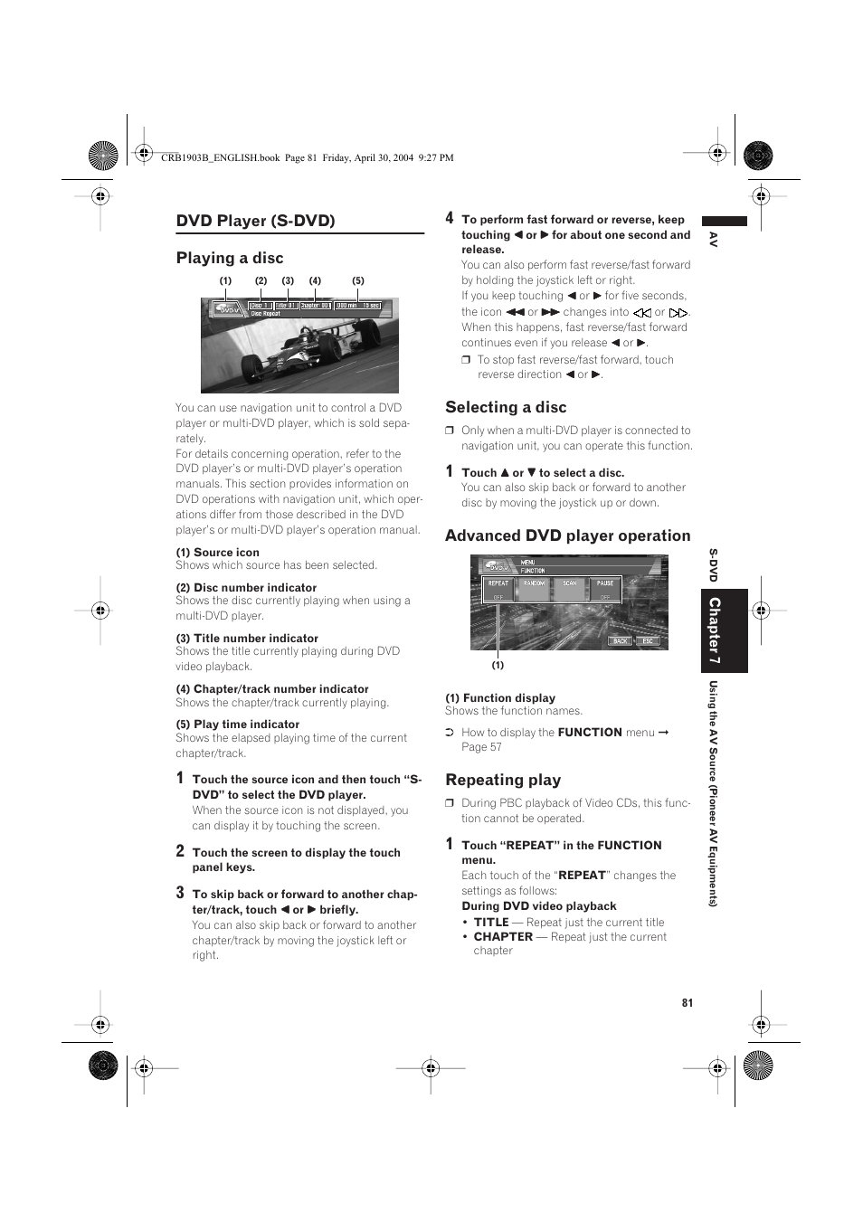 Dvd player (s-dvd) playing a disc, Selecting a disc, Advanced dvd player operation | Repeating play | Pioneer AVIC-X1 User Manual | Page 83 / 124