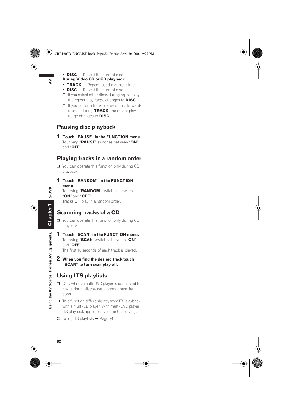 Pausing disc playback, Playing tracks in a random order, Scanning tracks of a cd | Using its playlists | Pioneer AVIC-X1 User Manual | Page 84 / 124