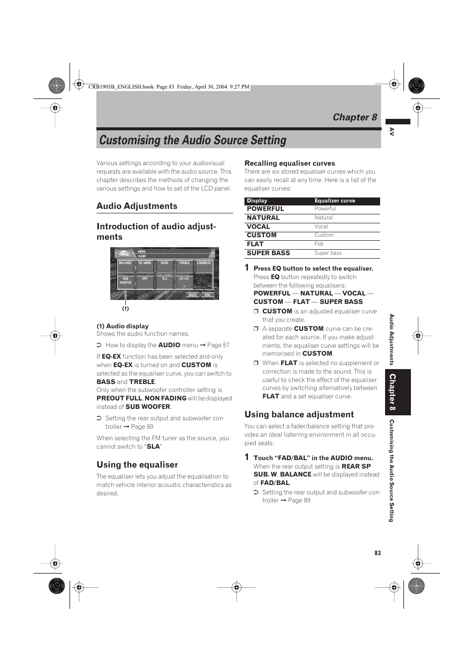 Customising the audio source setting, Chapter 8, Using the equaliser | Using balance adjustment | Pioneer AVIC-X1 User Manual | Page 85 / 124