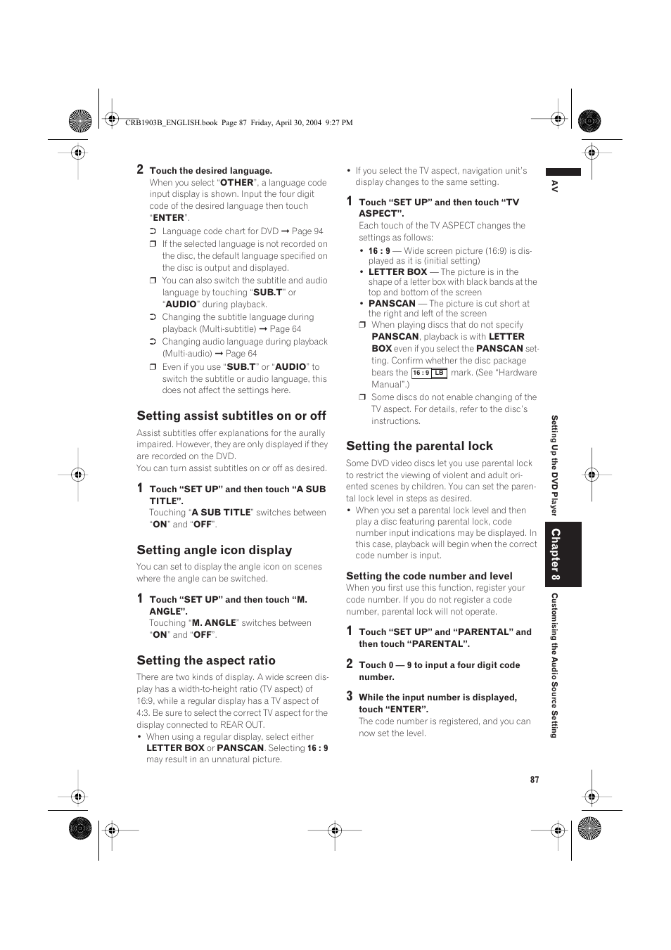 Setting assist subtitles on or off, Setting angle icon display, Setting the aspect ratio | Setting the parental lock | Pioneer AVIC-X1 User Manual | Page 89 / 124