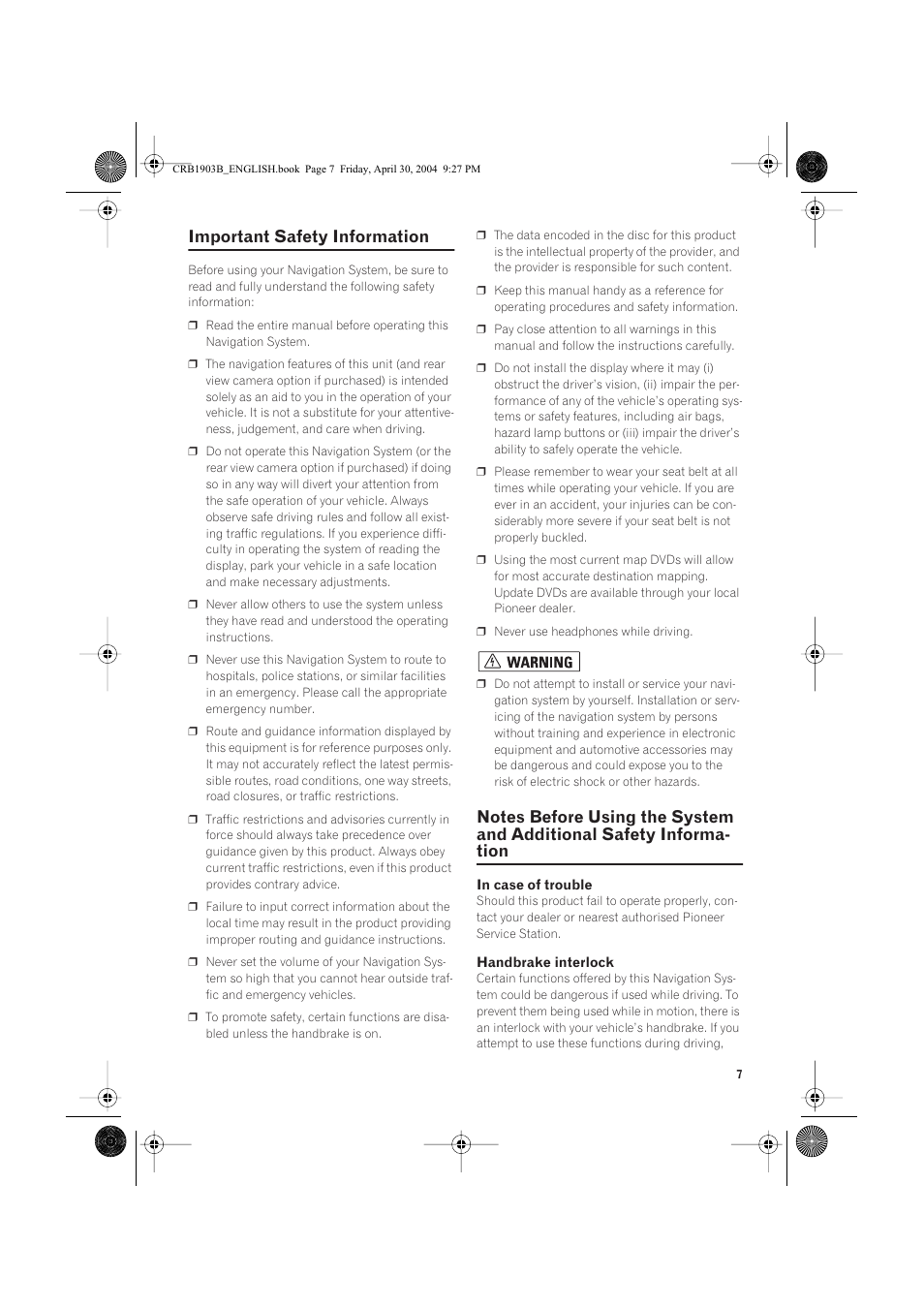 Important safety information | Pioneer AVIC-X1 User Manual | Page 9 / 124