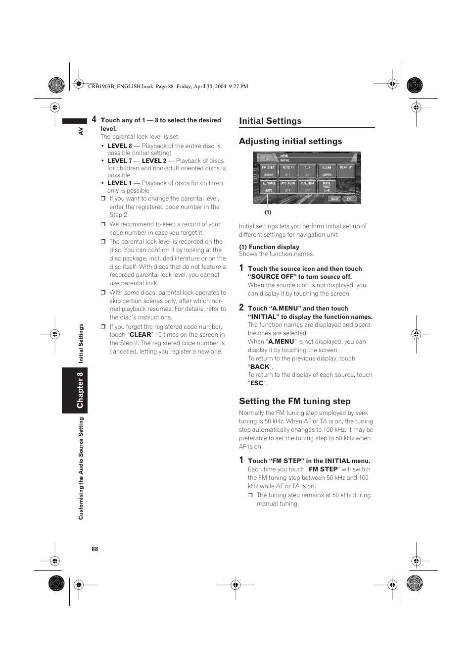 Initial settings adjusting initial settings, Setting the fm tuning step | Pioneer AVIC-X1 User Manual | Page 90 / 124