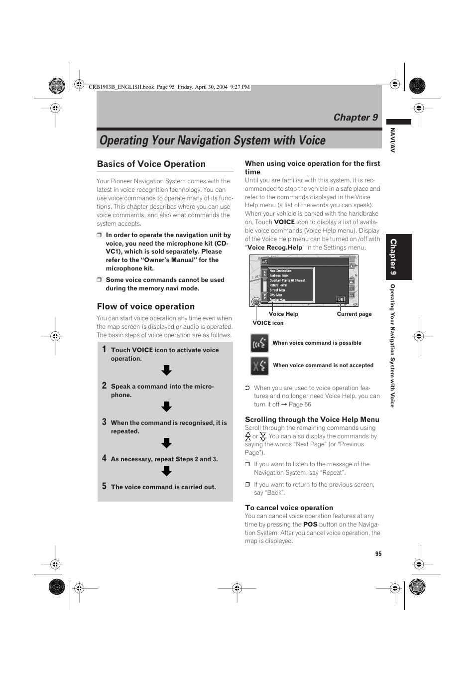 Operating your navigation system with voice, Chapter 9, Basics of voice operation | Flow of voice operation | Pioneer AVIC-X1 User Manual | Page 97 / 124