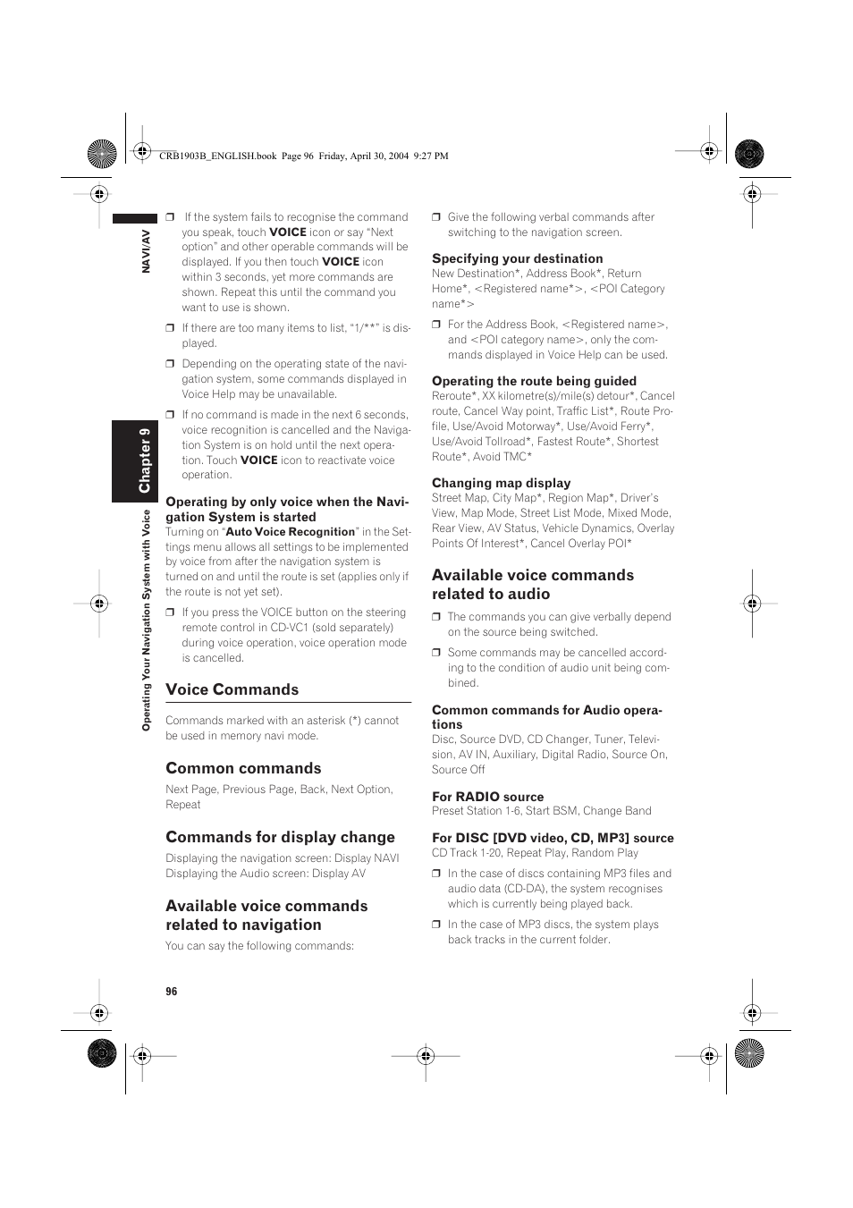 Voice commands, Common commands, Commands for display change | Available voice commands related to navigation, Available voice commands related to audio | Pioneer AVIC-X1 User Manual | Page 98 / 124