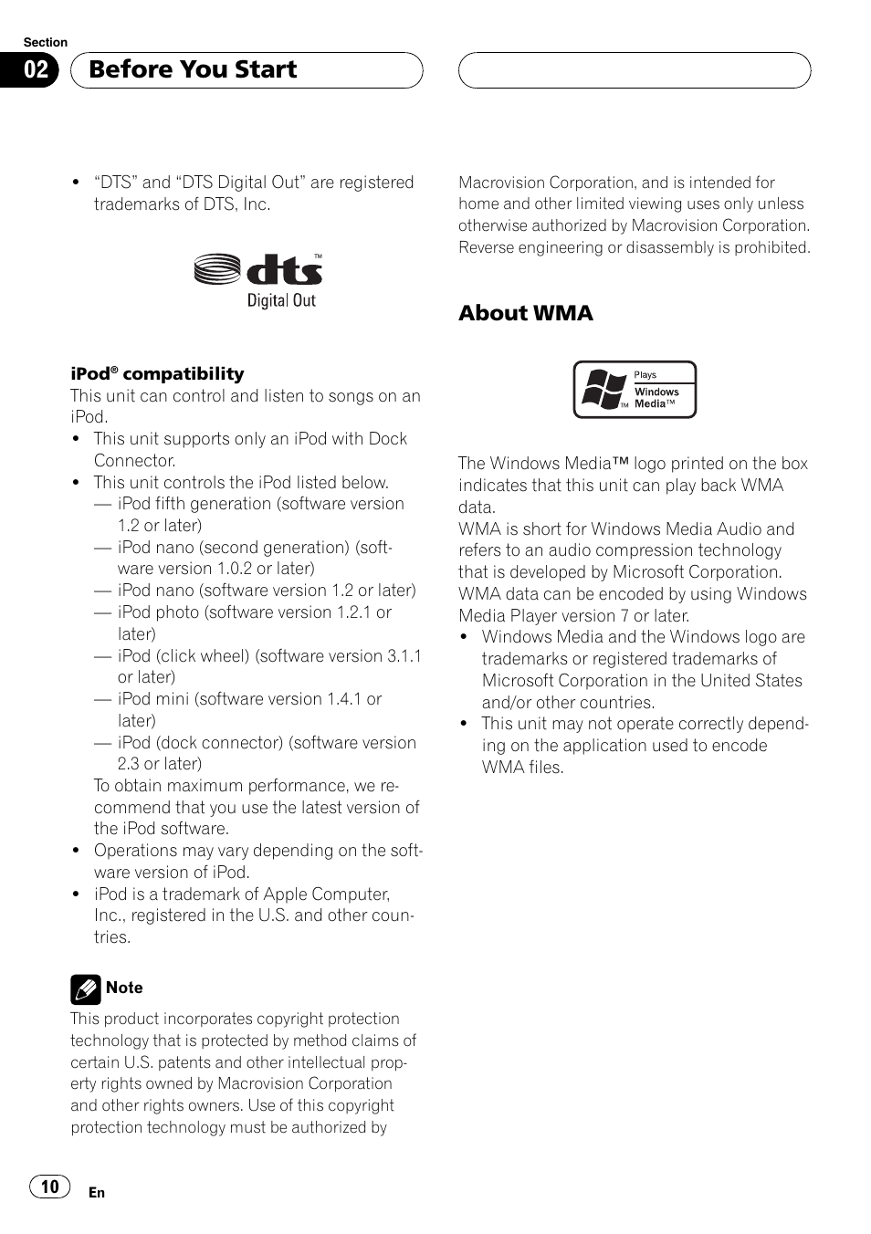About wma 10, Before you start, About wma | Pioneer AVH-P5900DVD User Manual | Page 10 / 102
