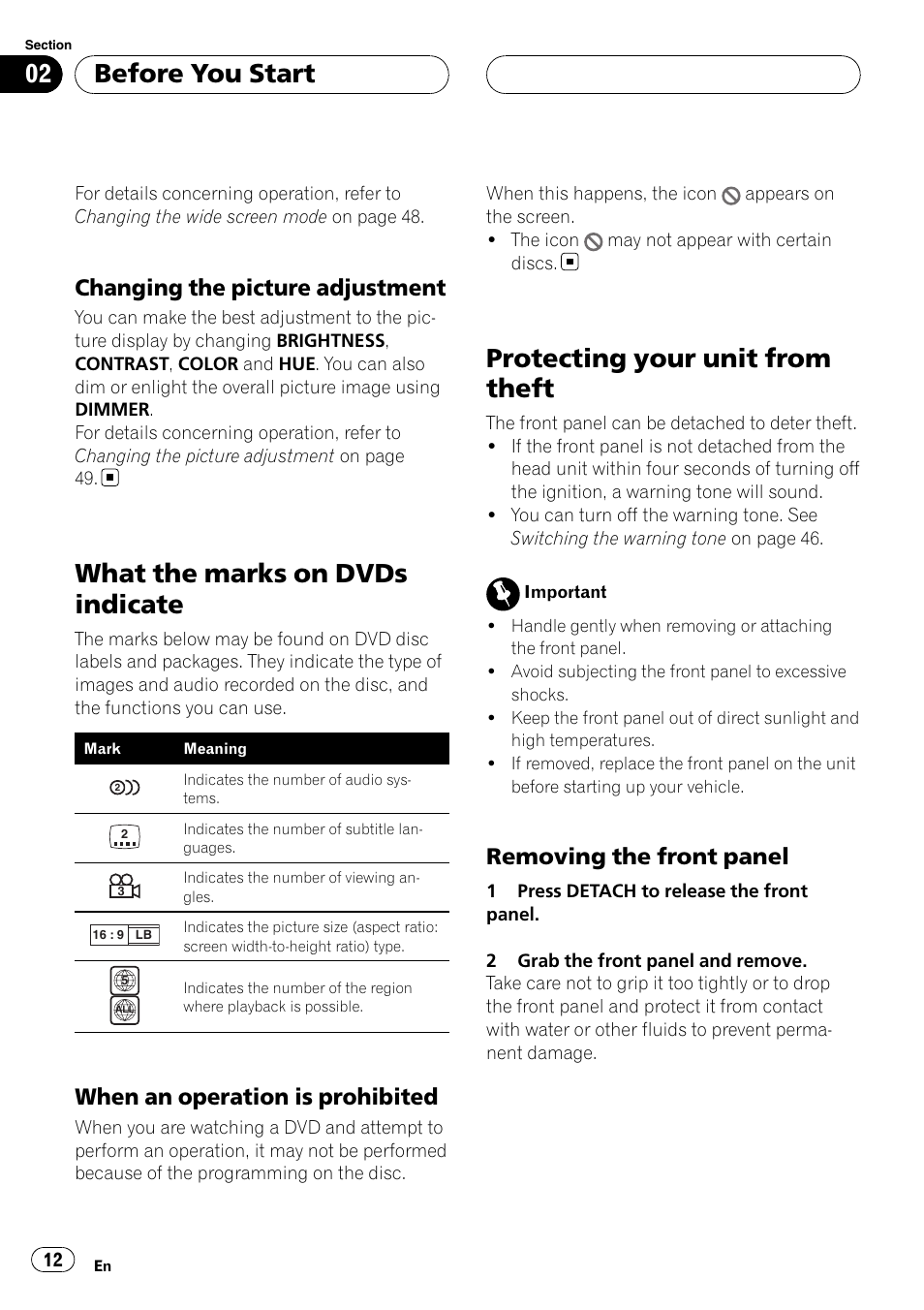 When an operation is prohibited 12, Changing the picture adjustment 12, What the marks on dvds indicate | Protecting your unit from theft, Removing the front panel 12, Before you start, Changing the picture adjustment, When an operation is prohibited, Removing the front panel | Pioneer AVH-P5900DVD User Manual | Page 12 / 102