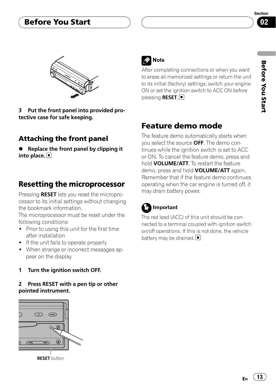 Attaching the front panel 13, Resetting the microprocessor, Feature demo mode | Before you start | Pioneer AVH-P5900DVD User Manual | Page 13 / 102