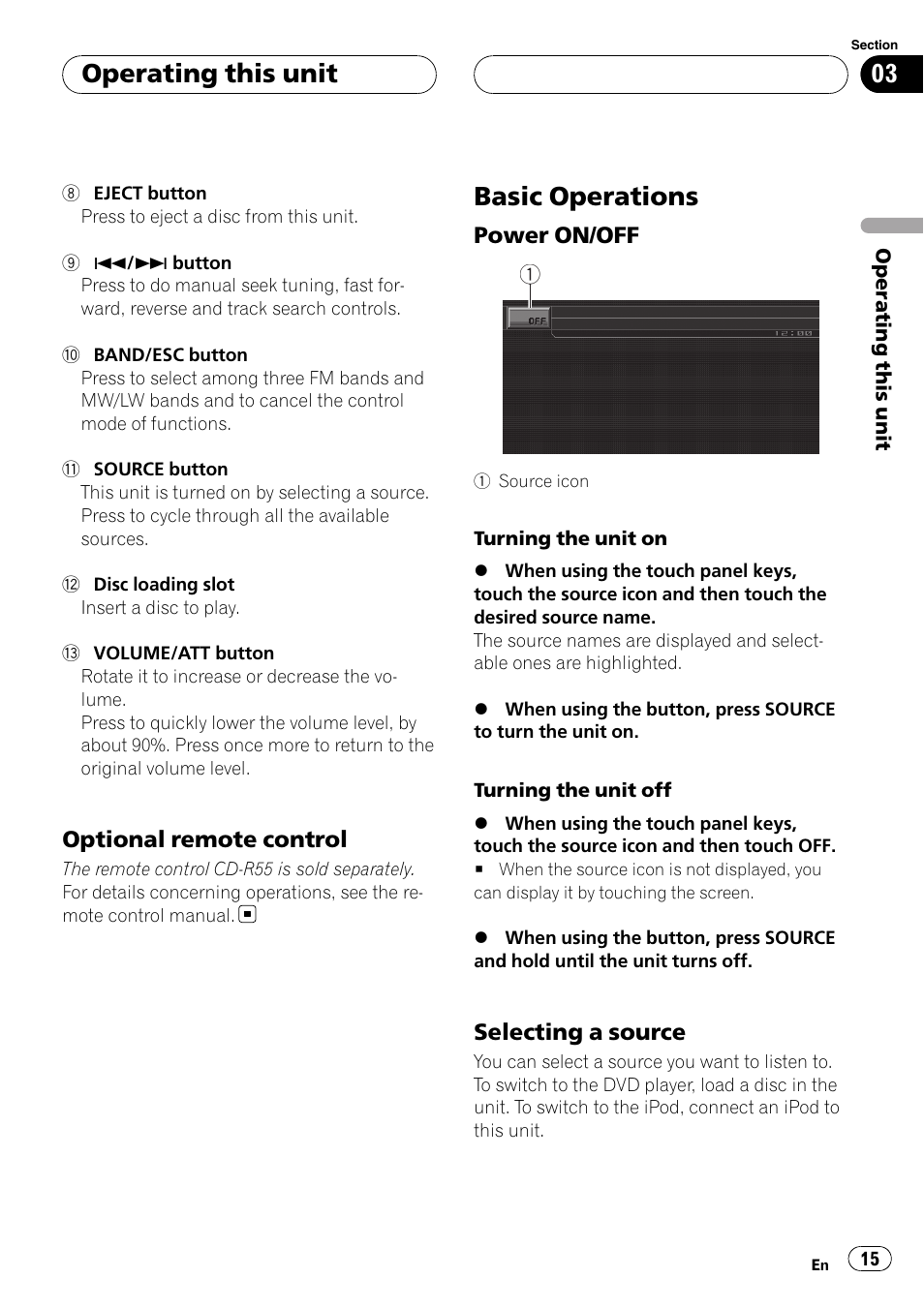 Optional remote control 15, Basic operations, Power on/off 15 | Selecting a source 15, Operating this unit | Pioneer AVH-P5900DVD User Manual | Page 15 / 102