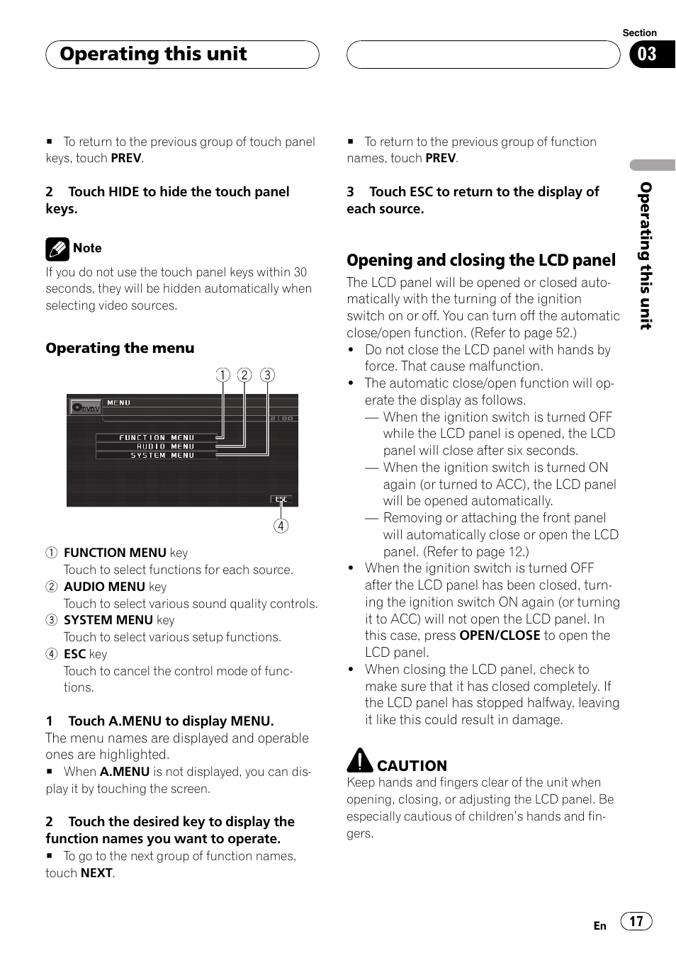 Opening and closing the lcd, Panel, Operating this unit | Opening and closing the lcd panel | Pioneer AVH-P5900DVD User Manual | Page 17 / 102