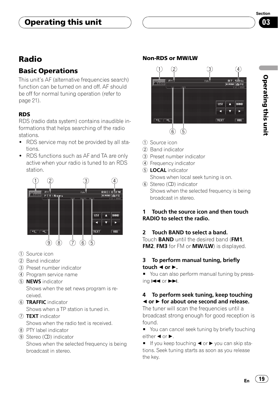 Radio, Basic operations 19, Operating this unit | Pioneer AVH-P5900DVD User Manual | Page 19 / 102