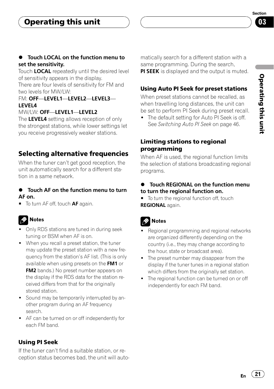 Selecting alternative frequencies 21, Operating this unit, Selecting alternative frequencies | Pioneer AVH-P5900DVD User Manual | Page 21 / 102