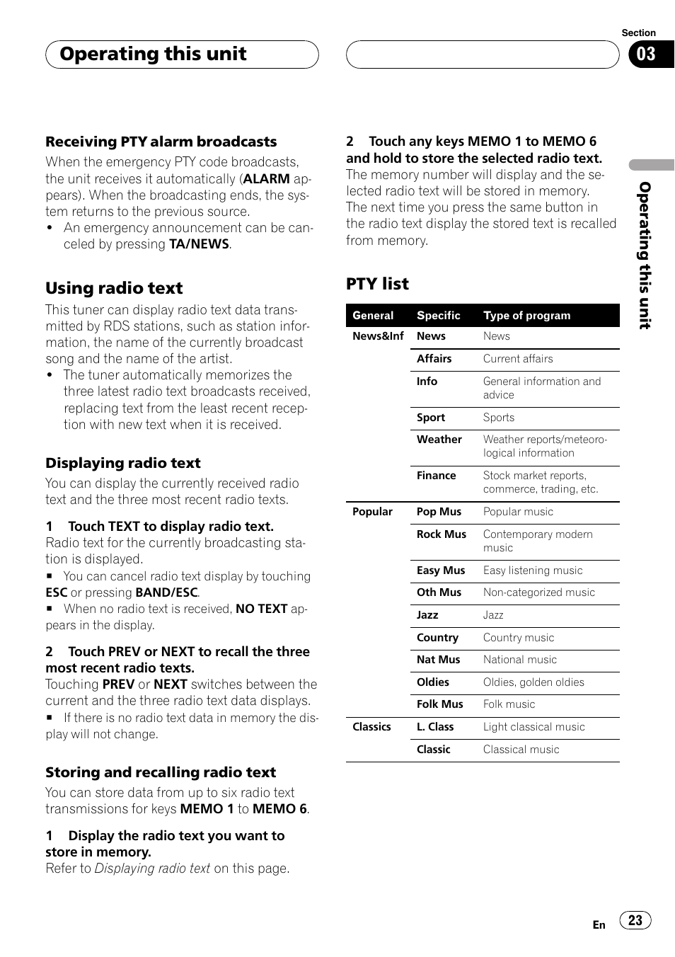 Using radio text 23, Pty list 23, Operating this unit | Using radio text, Pty list | Pioneer AVH-P5900DVD User Manual | Page 23 / 102