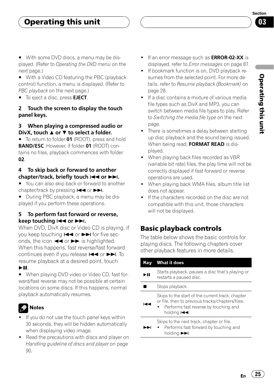 Basic playback controls 25, Operating this unit, Basic playback controls | Pioneer AVH-P5900DVD User Manual | Page 25 / 102