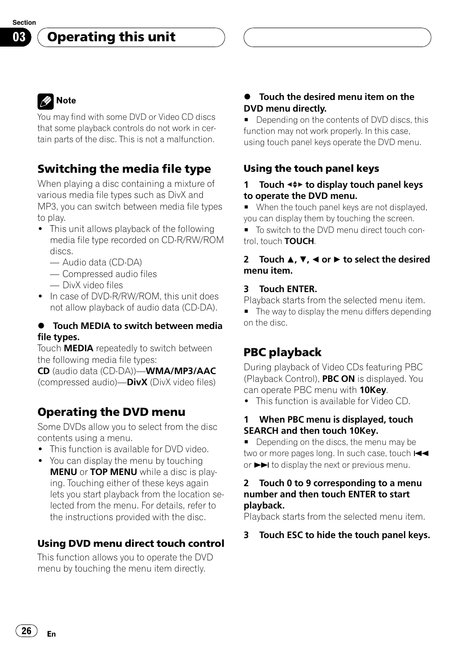 Switching the media file type 26, Operating the dvd menu 26, Pbc playback 26 | Operating this unit, Switching the media file type, Operating the dvd menu, Pbc playback | Pioneer AVH-P5900DVD User Manual | Page 26 / 102