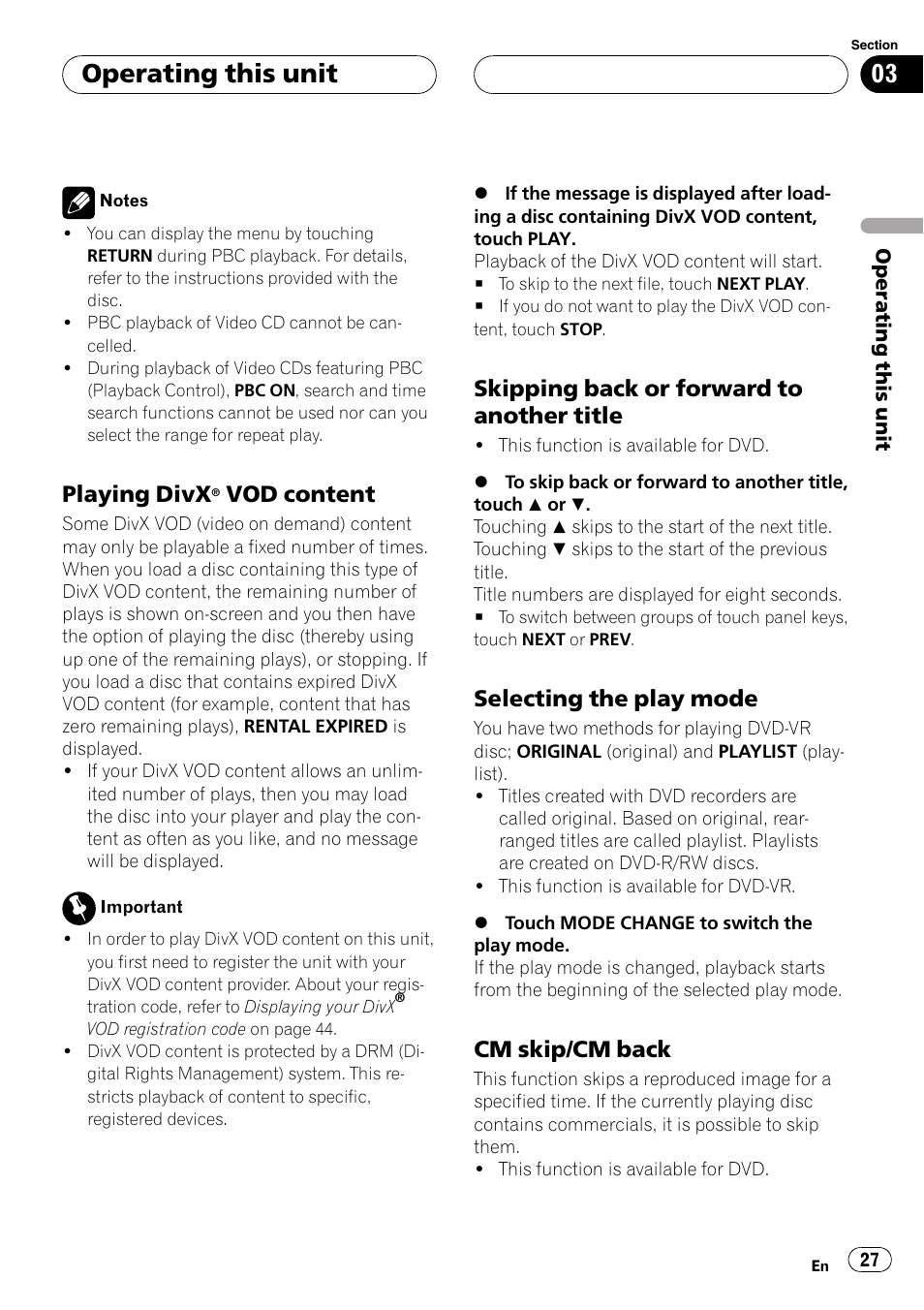 Playing divx® vod content 27, Skipping back or forward to another, Title | Selecting the play mode 27, Cm skip/cm back 27, Operating this unit, Playing divx, Vod content, Skipping back or forward to another title, Selecting the play mode | Pioneer AVH-P5900DVD User Manual | Page 27 / 102