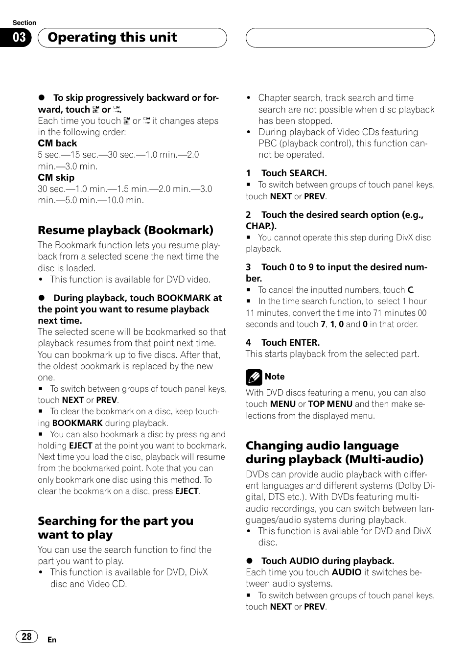 Resume playback (bookmark) 28, Searching for the part you want to, Play | Changing audio language during, Playback (multi-audio), Operating this unit, Resume playback (bookmark), Searching for the part you want to play | Pioneer AVH-P5900DVD User Manual | Page 28 / 102