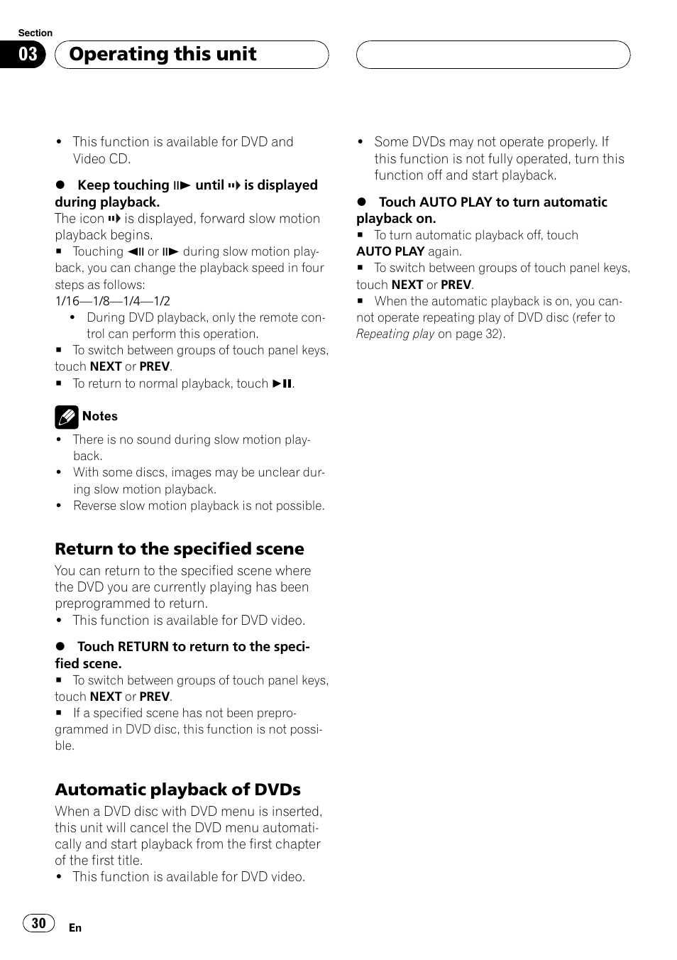 Return to the specified scene 30, Automatic playback of dvds 30, Operating this unit | Return to the specified scene, Automatic playback of dvds | Pioneer AVH-P5900DVD User Manual | Page 30 / 102