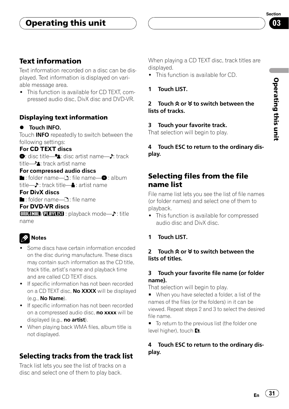 Text information 31, Selecting tracks from the track list 31, Selecting files from the file name | List, Operating this unit, Text information, Selecting tracks from the track list, Selecting files from the file name list | Pioneer AVH-P5900DVD User Manual | Page 31 / 102