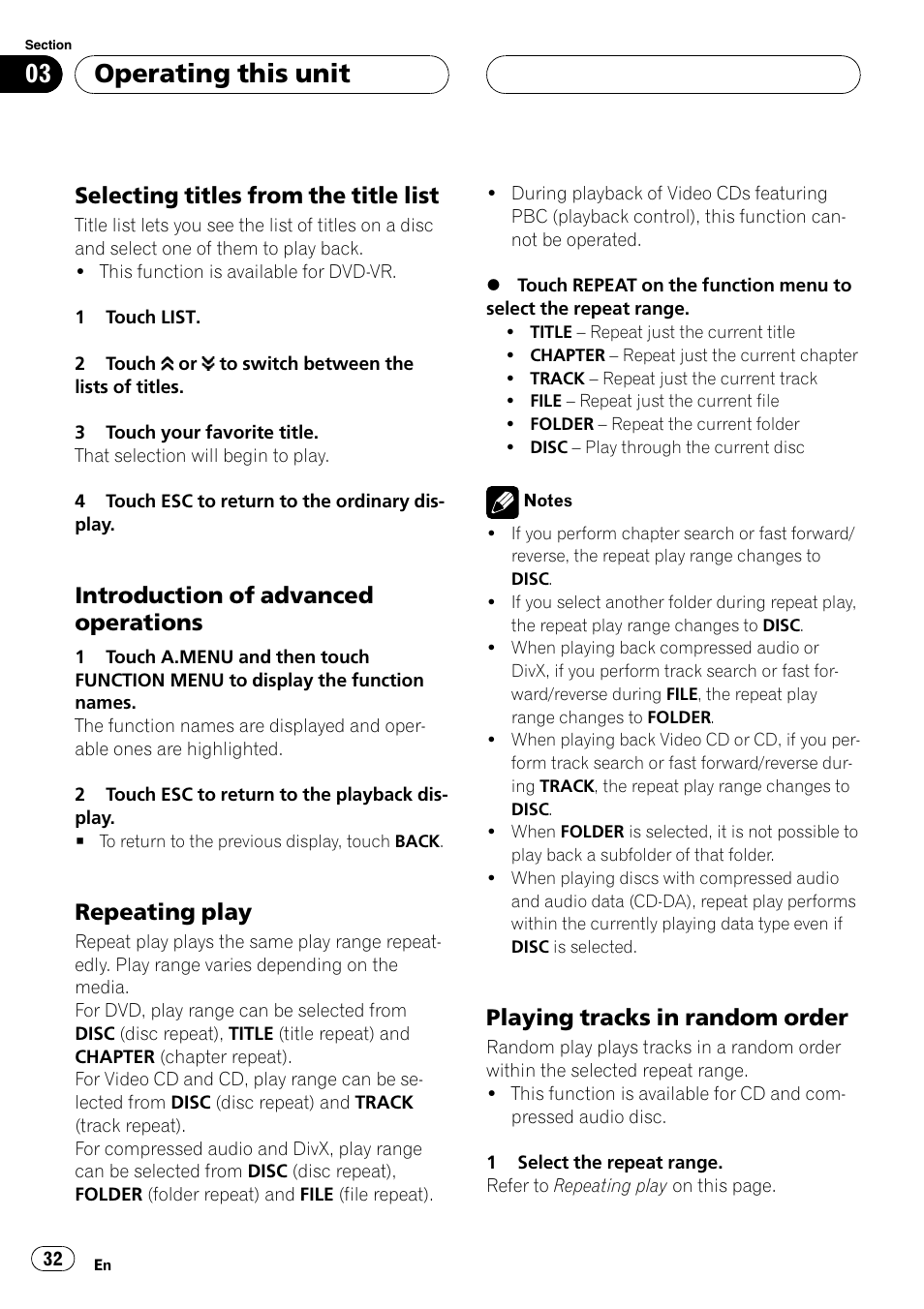 Selecting titles from the title list 32, Introduction of advanced, Operations | Repeating play 32, Playing tracks in random order 32, Operating this unit, Selecting titles from the title list, Introduction of advanced operations, Repeating play, Playing tracks in random order | Pioneer AVH-P5900DVD User Manual | Page 32 / 102