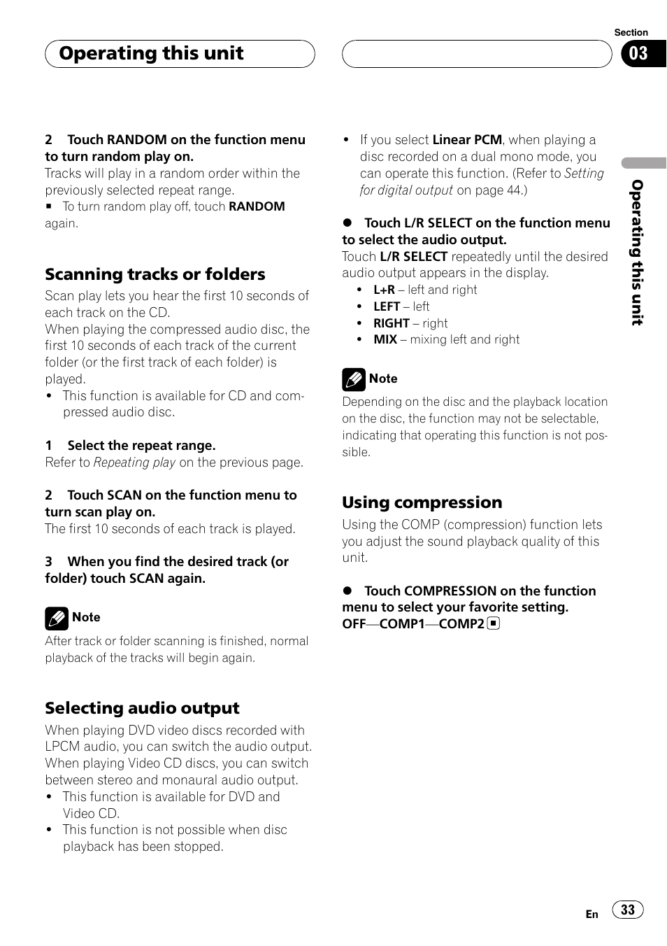 Scanning tracks or folders 33, Selecting audio output 33, Using compression 33 | Operating this unit, Scanning tracks or folders, Selecting audio output, Using compression | Pioneer AVH-P5900DVD User Manual | Page 33 / 102