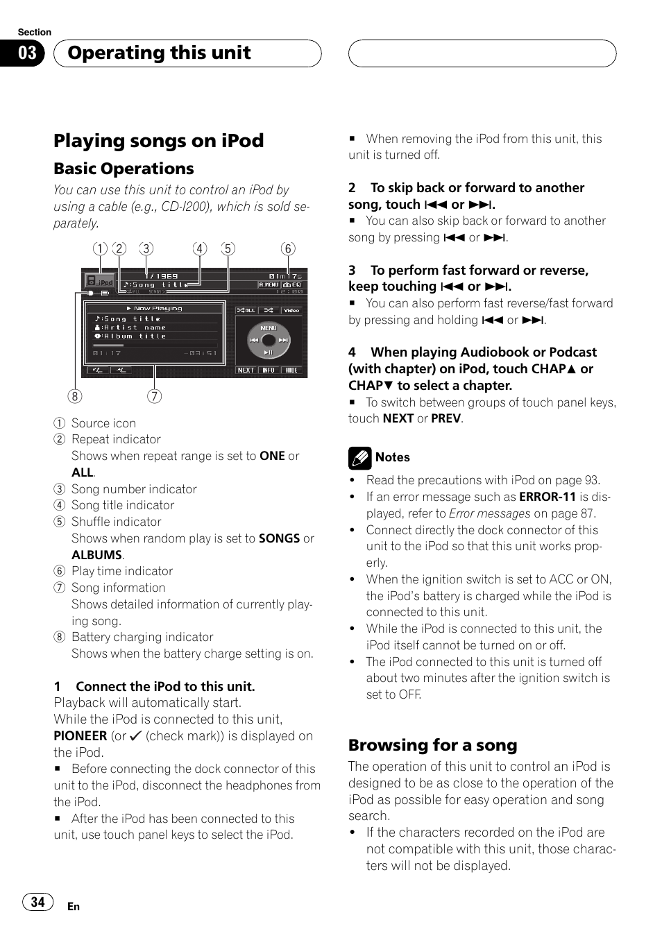 Playing songs on ipod, Basic operations 34, Browsing for a song 34 | Operating this unit | Pioneer AVH-P5900DVD User Manual | Page 34 / 102