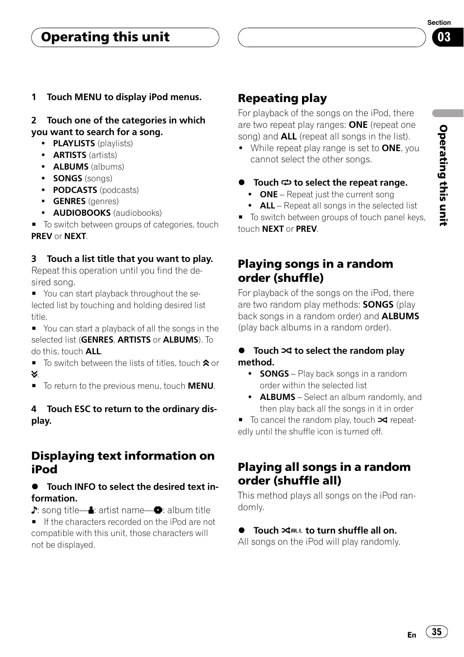 Displaying text information on, Ipod, Repeating play 35 | Playing songs in a random order, Shuffle), Playing all songs in a random order, Shuffle all), Operating this unit, Displaying text information on ipod, Repeating play | Pioneer AVH-P5900DVD User Manual | Page 35 / 102