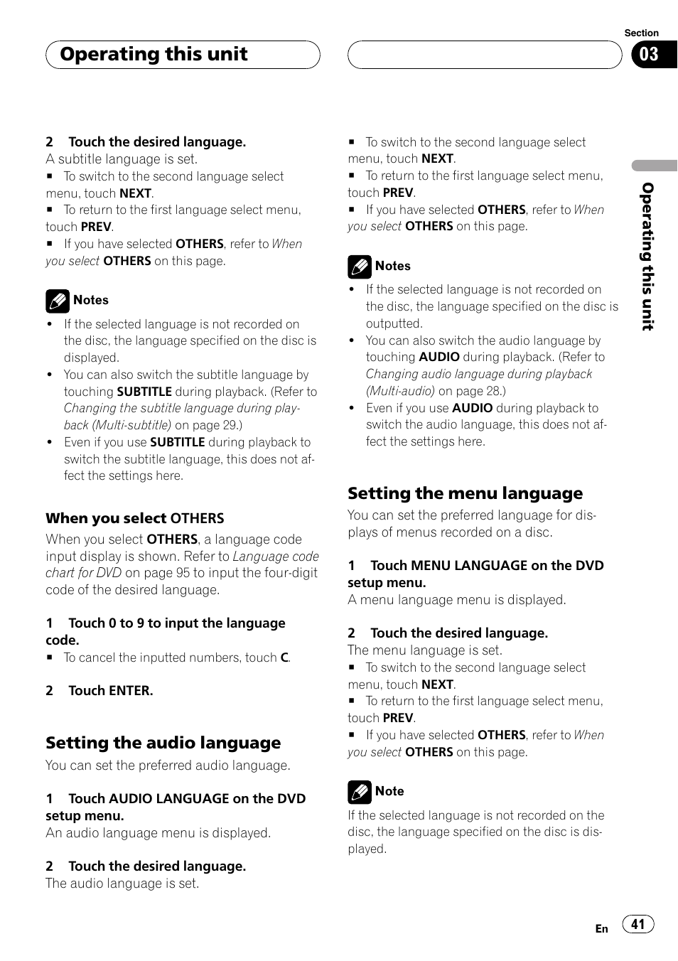 Setting the audio language 41, Setting the menu language 41, Operating this unit | Setting the audio language, Setting the menu language | Pioneer AVH-P5900DVD User Manual | Page 41 / 102