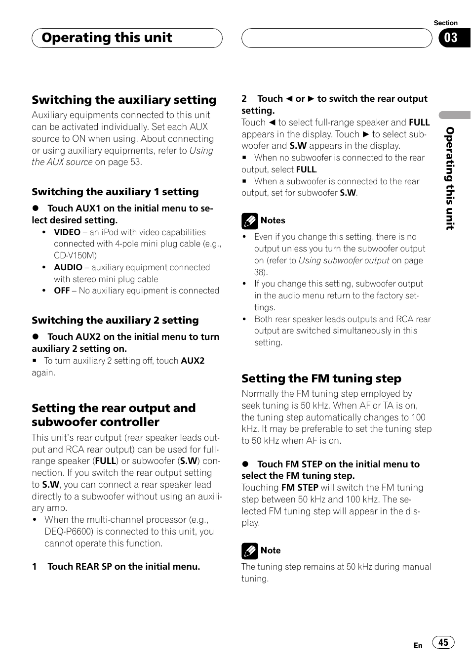 Switching the auxiliary setting 45, Setting the rear output and subwoofer, Controller | Setting the fm tuning step 45, Switching the, Operating this unit, Switching the auxiliary setting, Setting the rear output and subwoofer controller, Setting the fm tuning step | Pioneer AVH-P5900DVD User Manual | Page 45 / 102