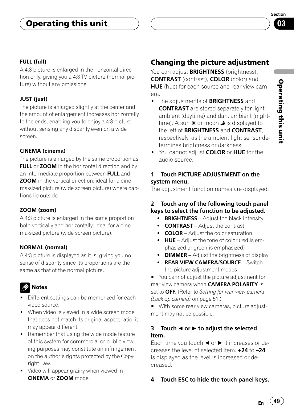 Changing the picture adjustment 49, Operating this unit, Changing the picture adjustment | Pioneer AVH-P5900DVD User Manual | Page 49 / 102