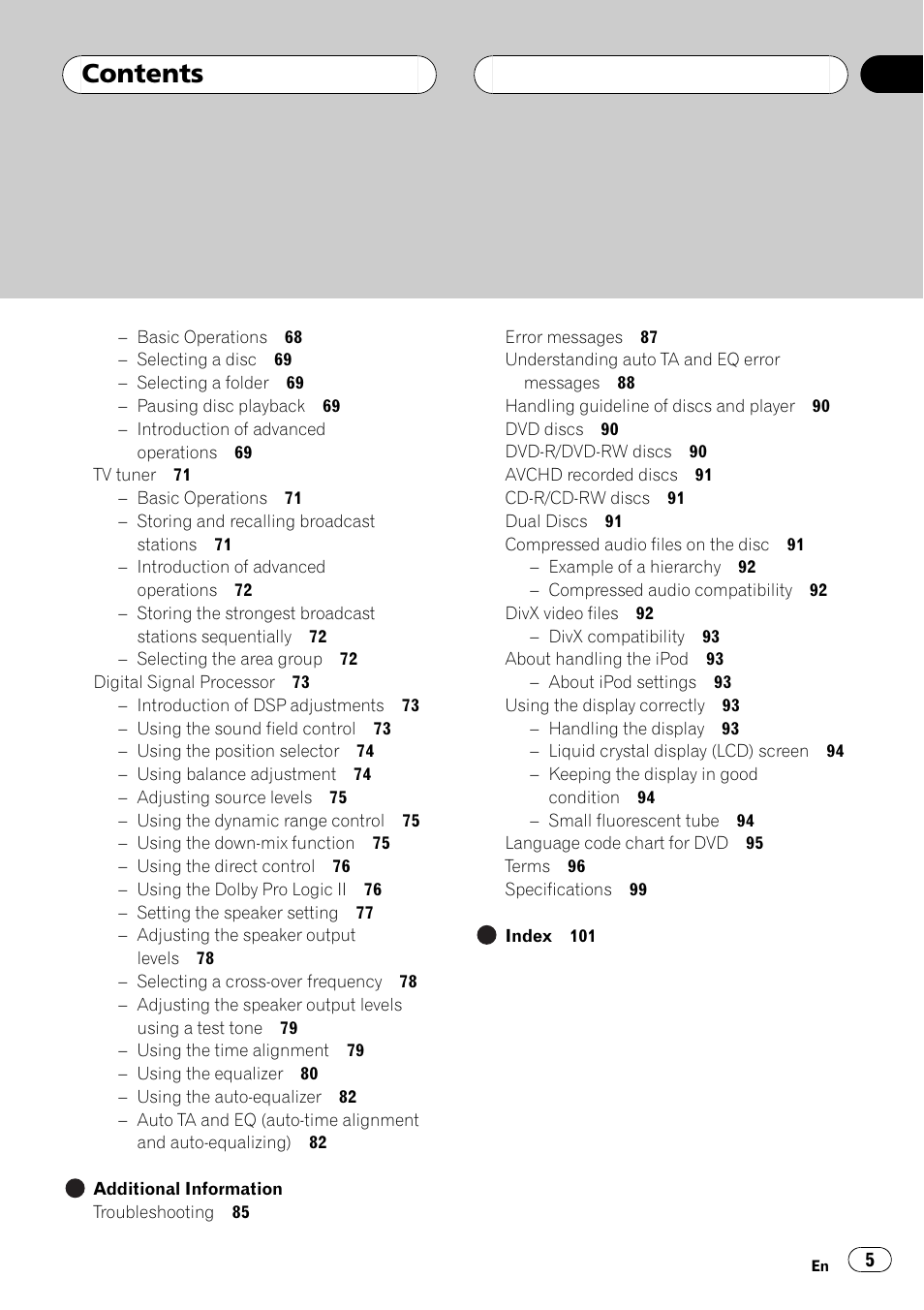 Pioneer AVH-P5900DVD User Manual | Page 5 / 102