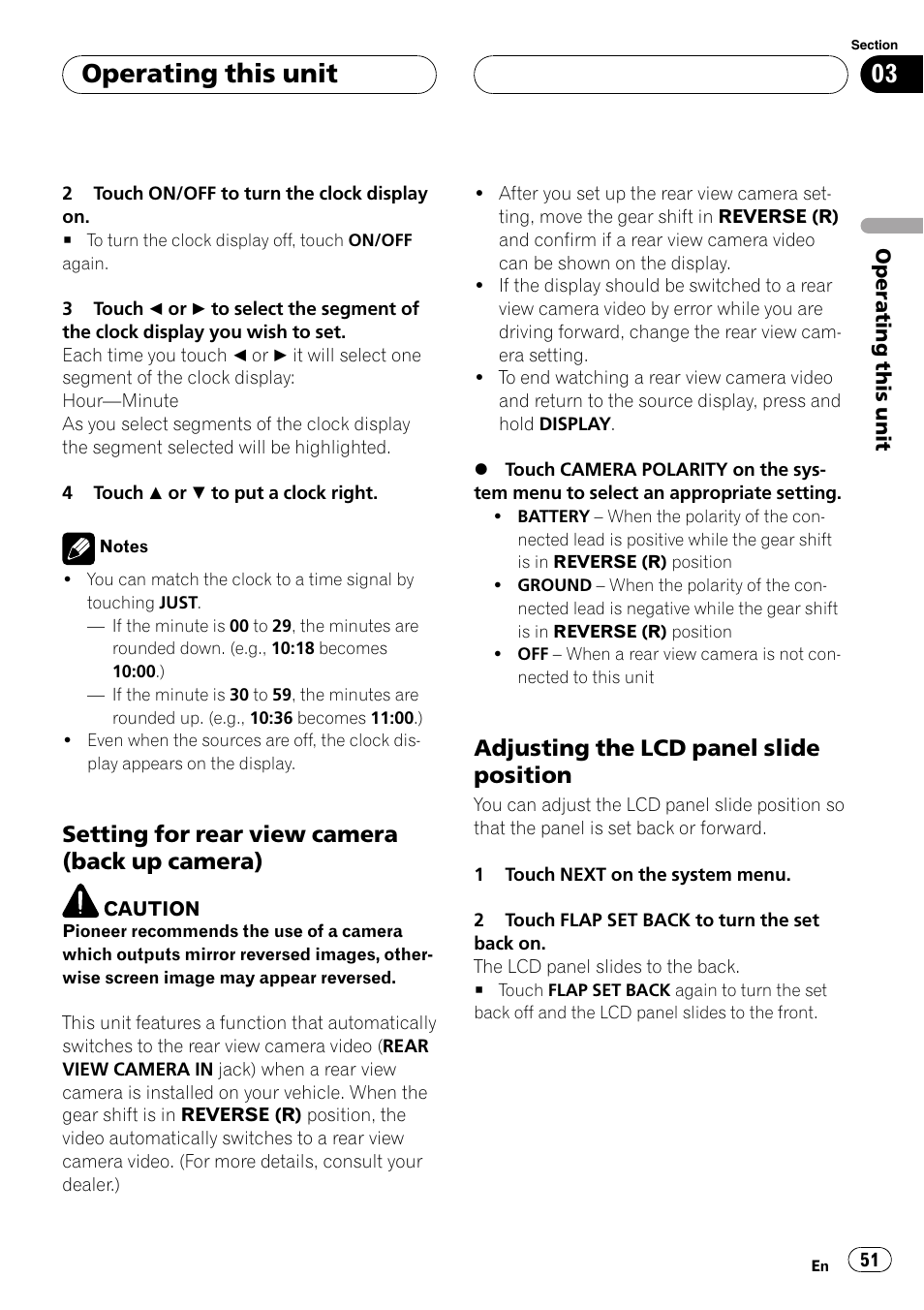 Setting for rear view camera (back up, Camera), Adjusting the lcd panel slide | Position, Operating this unit, Setting for rear view camera (back up camera), Adjusting the lcd panel slide position | Pioneer AVH-P5900DVD User Manual | Page 51 / 102