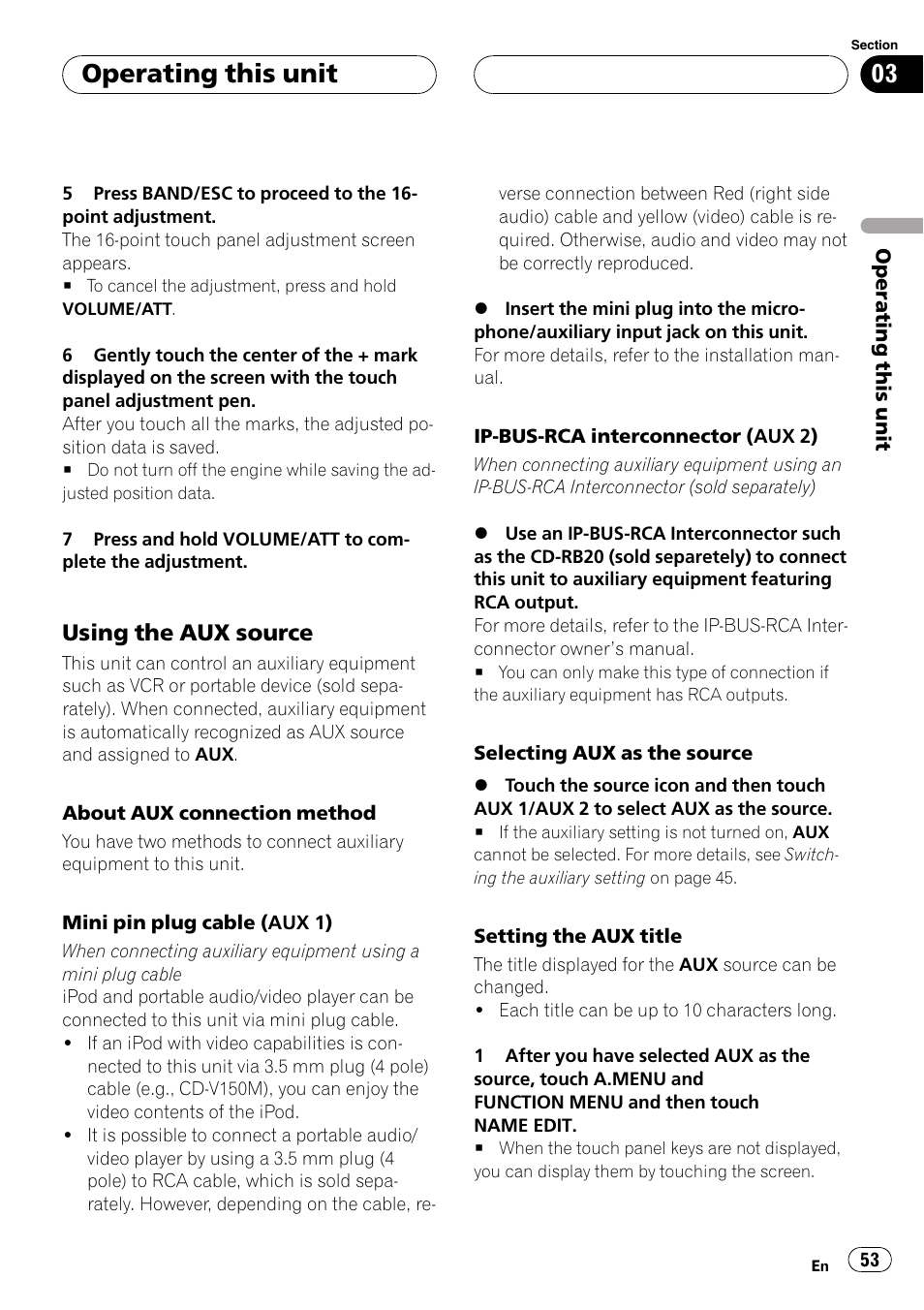 Using the aux source 53, Operating this unit, Using the aux source | Pioneer AVH-P5900DVD User Manual | Page 53 / 102