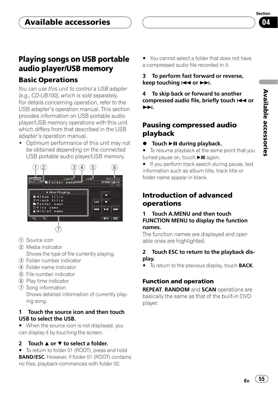 Usb memory, Basic operations 55, Pausing compressed audio | Playback, Introduction of advanced, Operations, Available accessories | Pioneer AVH-P5900DVD User Manual | Page 55 / 102