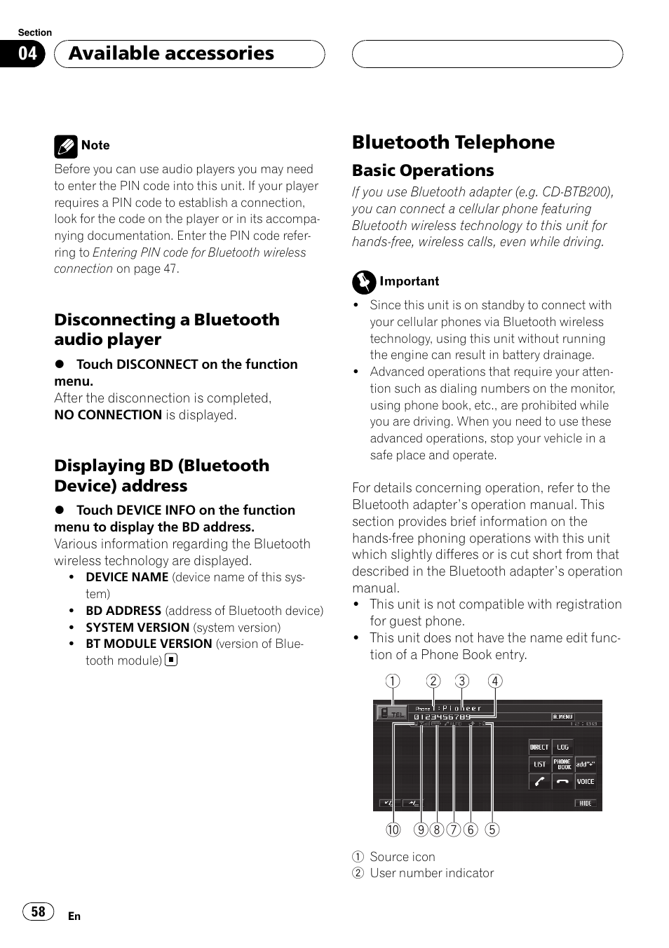 Disconnecting a bluetooth audio, Player, Displaying bd (bluetooth device) | Address, Bluetooth telephone, Basic operations 58, Available accessories | Pioneer AVH-P5900DVD User Manual | Page 58 / 102