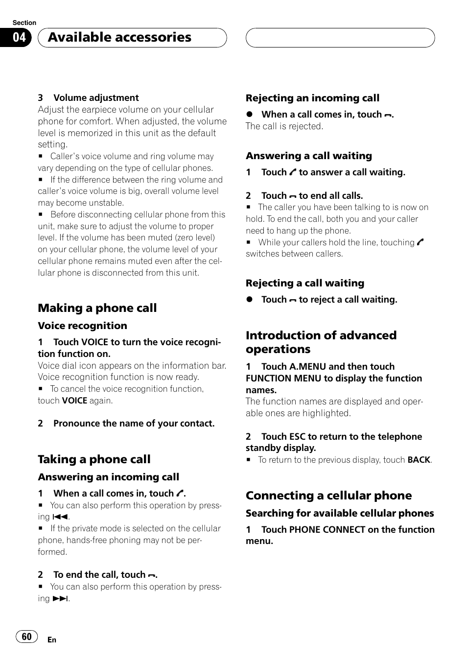 Making a phone call 60, Taking a phone call 60, Introduction of advanced | Operations, Connecting a cellular phone 60, Available accessories, Making a phone call, Taking a phone call, Introduction of advanced operations, Connecting a cellular phone | Pioneer AVH-P5900DVD User Manual | Page 60 / 102