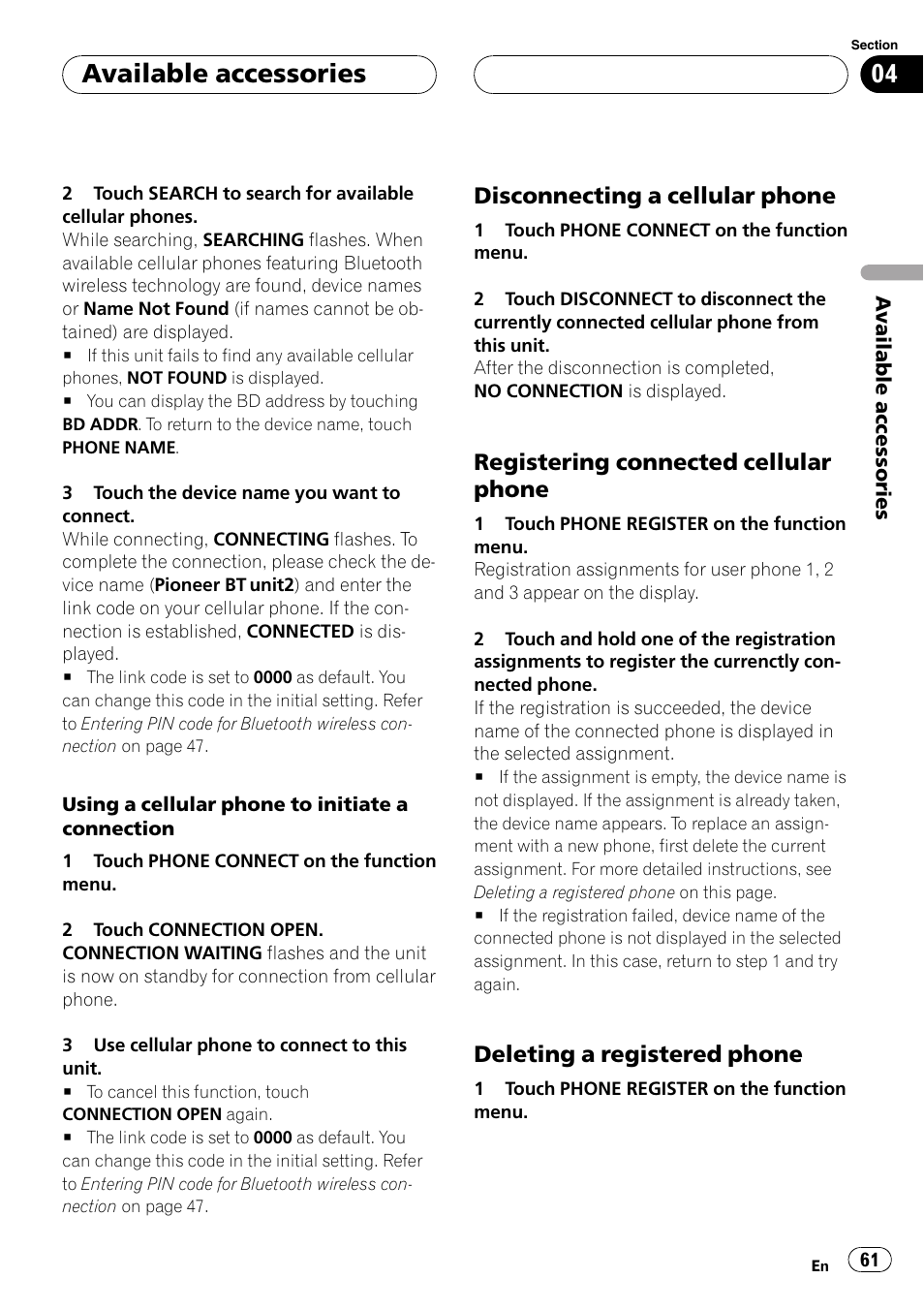 Disconnecting a cellular phone 61, Registering connected cellular, Phone | Deleting a registered phone 61, Available accessories, Disconnecting a cellular phone, Registering connected cellular phone, Deleting a registered phone | Pioneer AVH-P5900DVD User Manual | Page 61 / 102