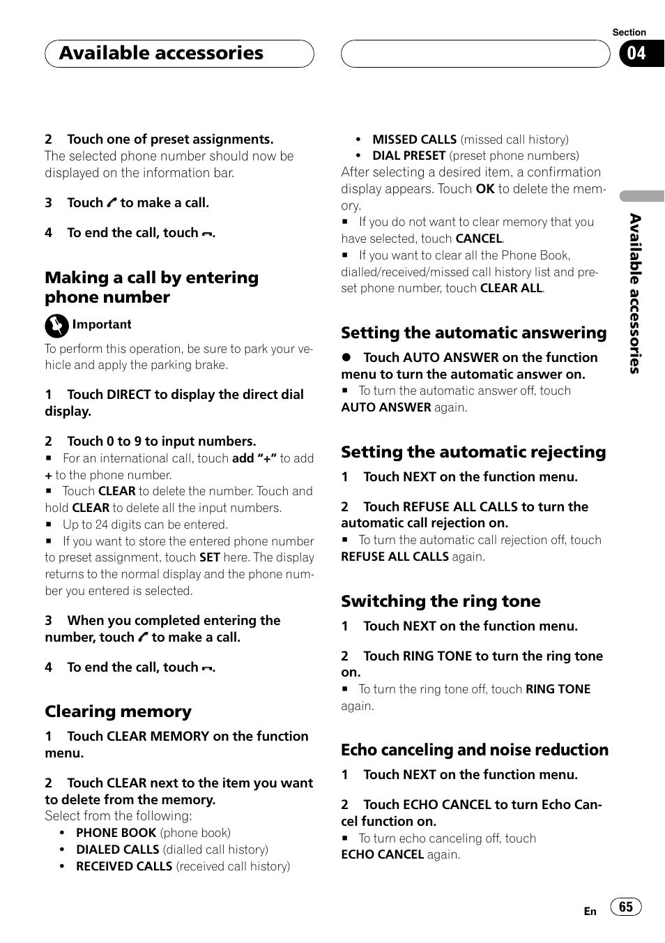 Making a call by entering phone, Number, Clearing memory 65 | Setting the automatic answering 65, Setting the automatic rejecting 65, Switching the ring tone 65, Echo canceling and noise, Reduction, Available accessories, Making a call by entering phone number | Pioneer AVH-P5900DVD User Manual | Page 65 / 102