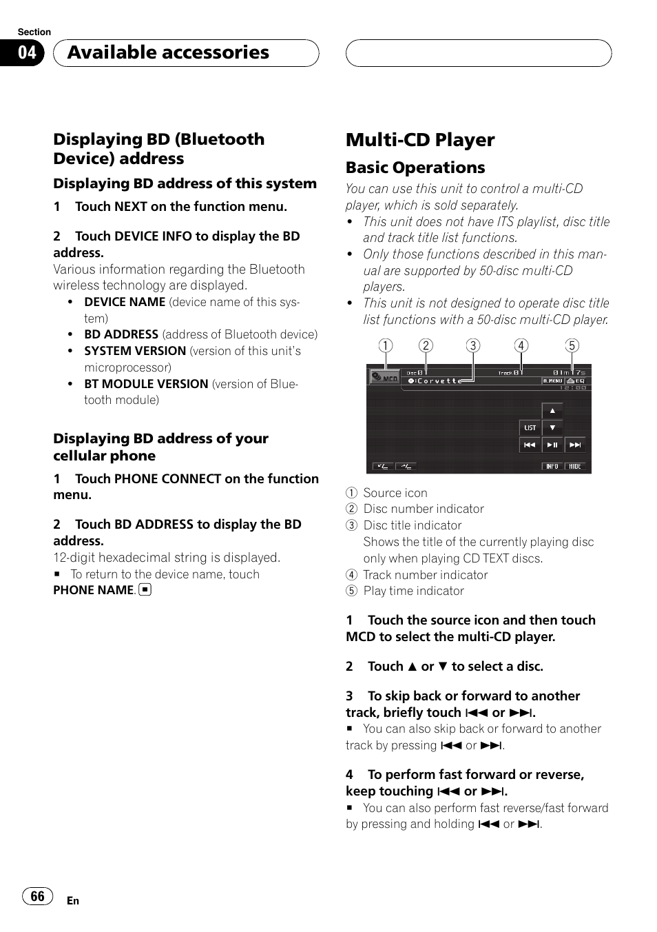 Displaying bd (bluetooth device), Address, Multi-cd player | Basic operations 66, Available accessories | Pioneer AVH-P5900DVD User Manual | Page 66 / 102