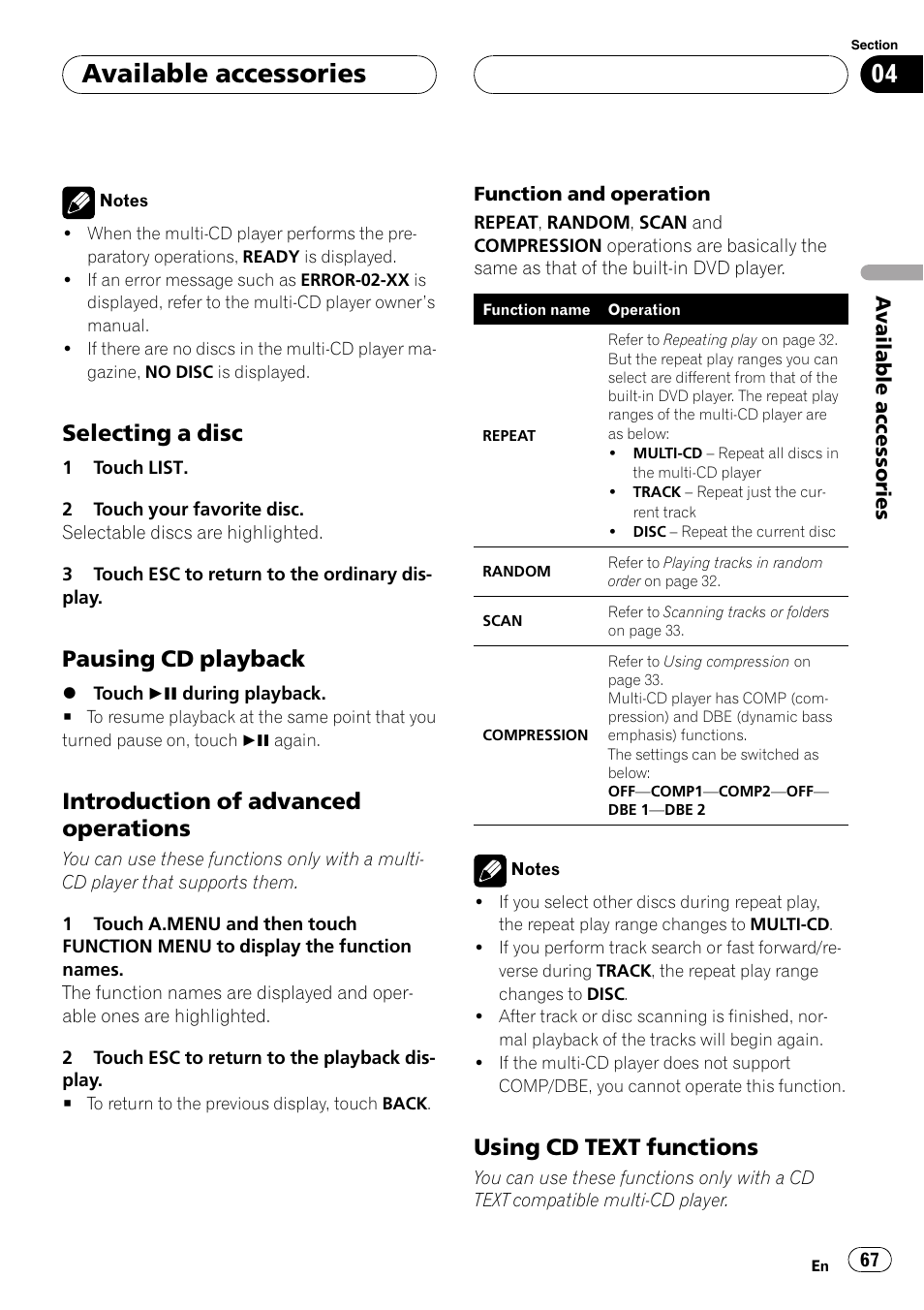 Selecting a disc 67, Pausing cd playback 67, Introduction of advanced | Operations, Using cd text functions 67, Available accessories, Selecting a disc, Pausing cd playback, Introduction of advanced operations, Using cd text functions | Pioneer AVH-P5900DVD User Manual | Page 67 / 102