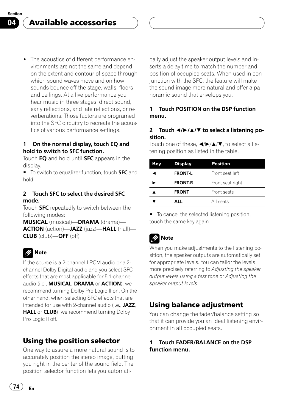 Using the position selector 74, Using balance adjustment 74, Using the position selector | Available accessories, Using balance adjustment | Pioneer AVH-P5900DVD User Manual | Page 74 / 102