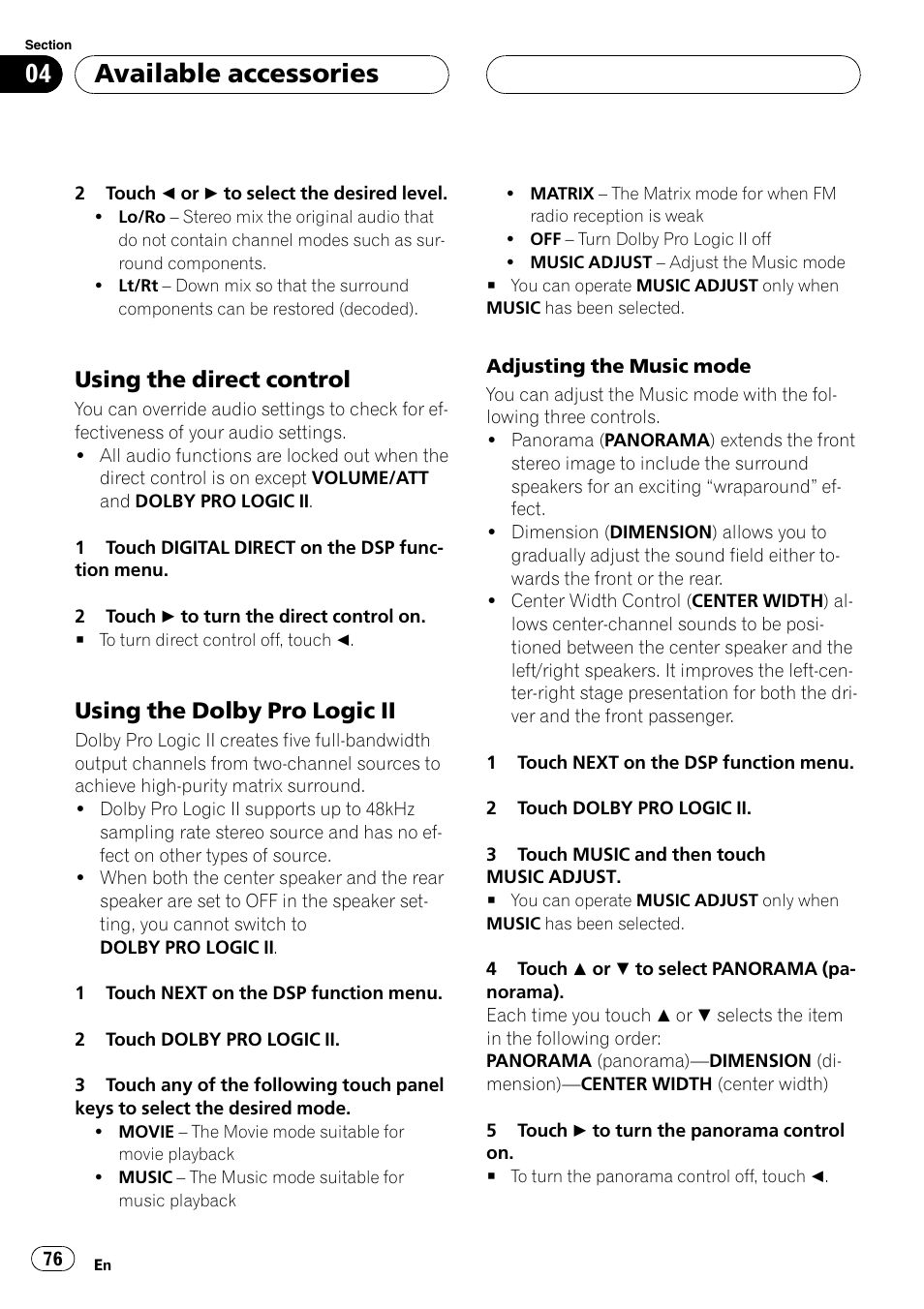 Using the direct control 76, Using the dolby pro logic ii 76, Available accessories | Using the direct control, Using the dolby pro logic ii | Pioneer AVH-P5900DVD User Manual | Page 76 / 102