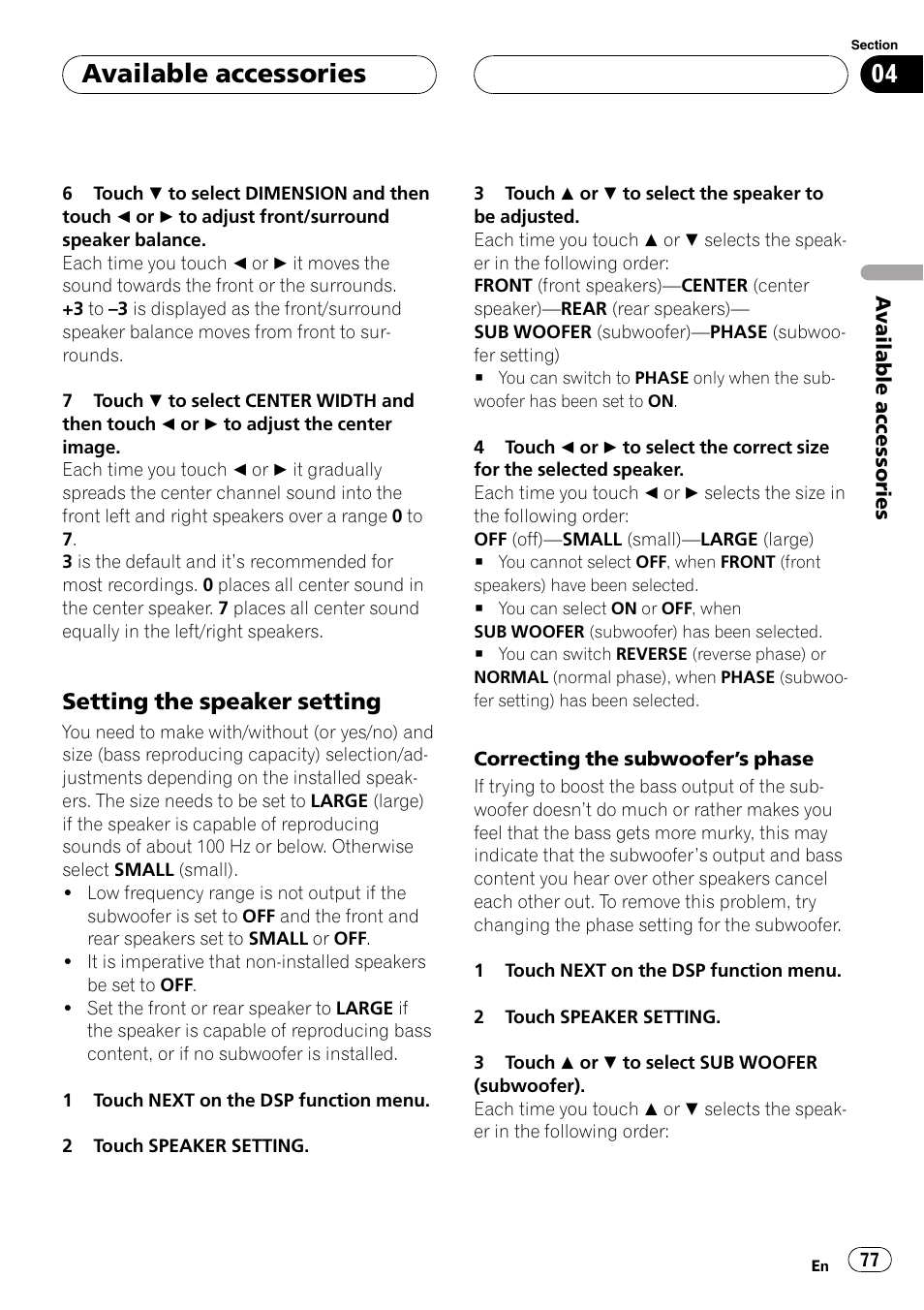 Setting the speaker setting 77, Setting the speaker setting, Available accessories | Pioneer AVH-P5900DVD User Manual | Page 77 / 102