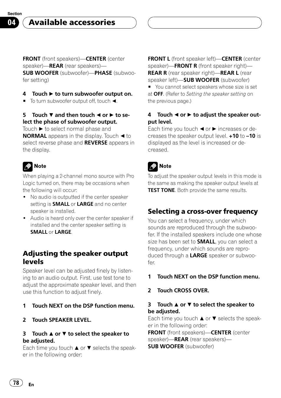 Adjusting the speaker output, Levels, Selecting a cross-over frequency 78 | Selecting a cross-over frequency, Adjusting the speaker output levels, Available accessories | Pioneer AVH-P5900DVD User Manual | Page 78 / 102