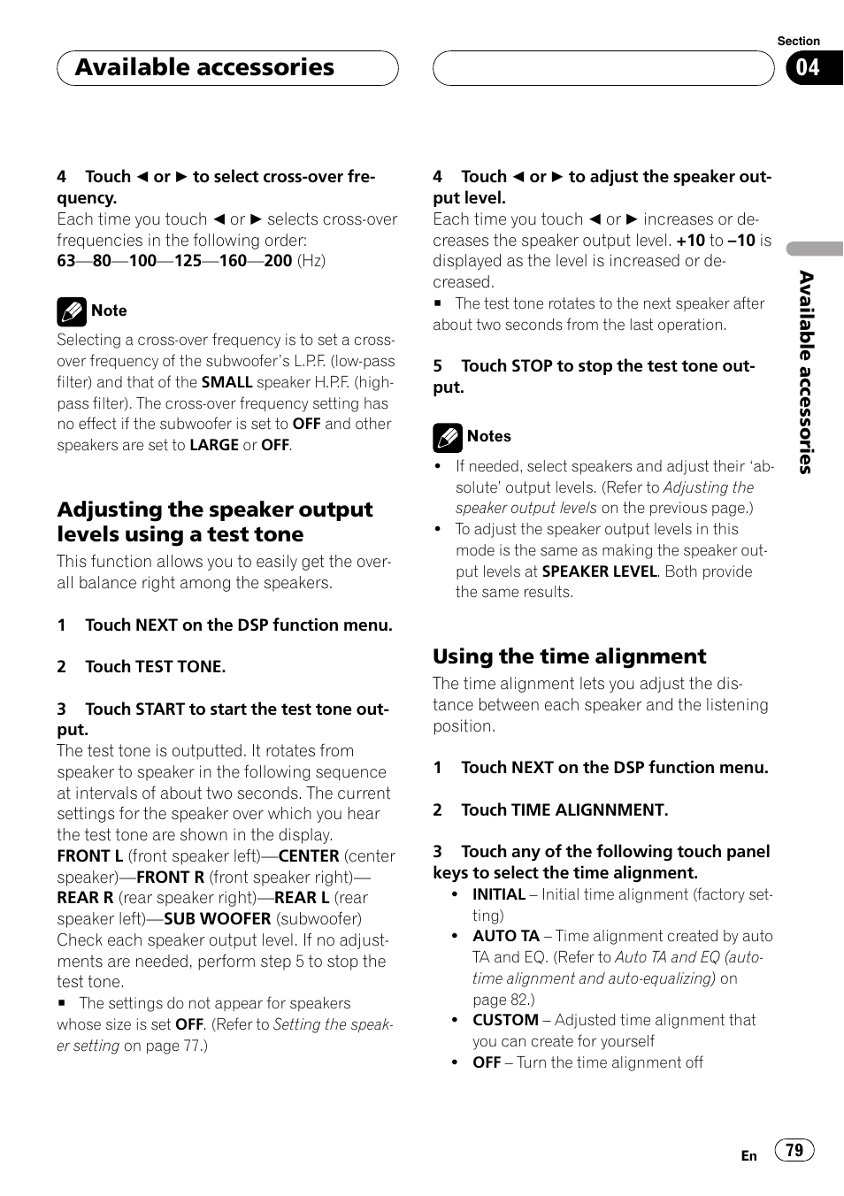 Adjusting the speaker output levels, Using a test tone, Using the time alignment 79 | Available accessories, Using the time alignment | Pioneer AVH-P5900DVD User Manual | Page 79 / 102