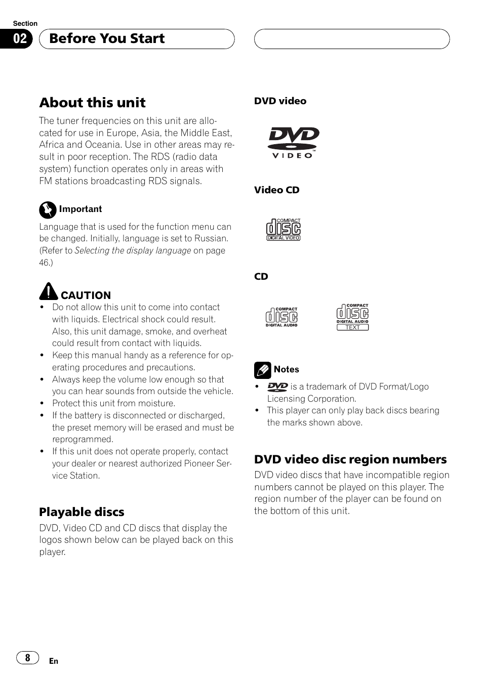 Playable discs 8, Dvd video disc region numbers 8, Before you start about this unit | About this unit, Before you start, Playable discs, Dvd video disc region numbers | Pioneer AVH-P5900DVD User Manual | Page 8 / 102
