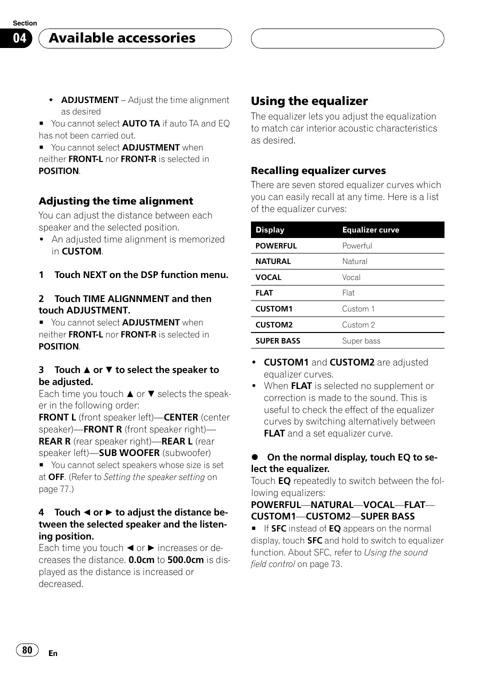 Using the equalizer 80, Adjusting the time alignment, Available accessories | Using the equalizer | Pioneer AVH-P5900DVD User Manual | Page 80 / 102