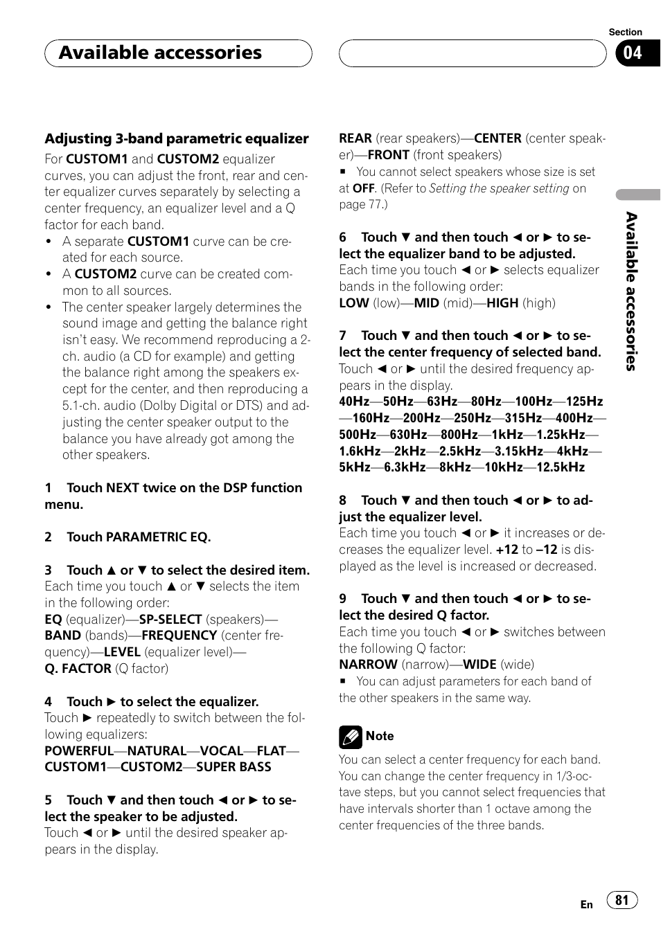 Adjusting 3-band parametric equalizer, Available accessories | Pioneer AVH-P5900DVD User Manual | Page 81 / 102